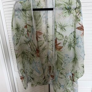 Tropical Sheer Kimono Cover-Up in Green & Brown Leaf Print